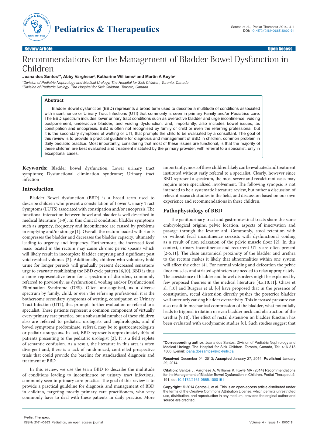 Recommendations for the Management of Bladder Bowel