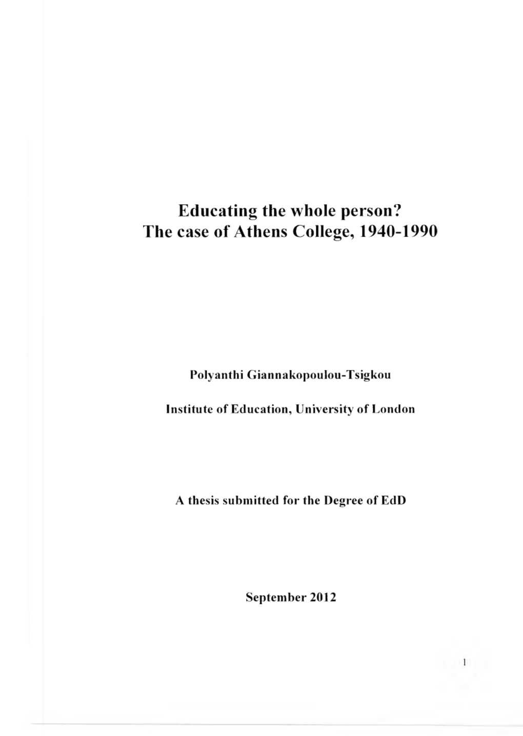 Educating the Whole Person? the Case of Athens College, 1940-1990