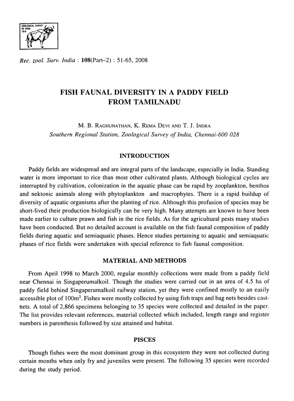 Fish Faunal Diversity in a Paddy Field from Tamilnadu