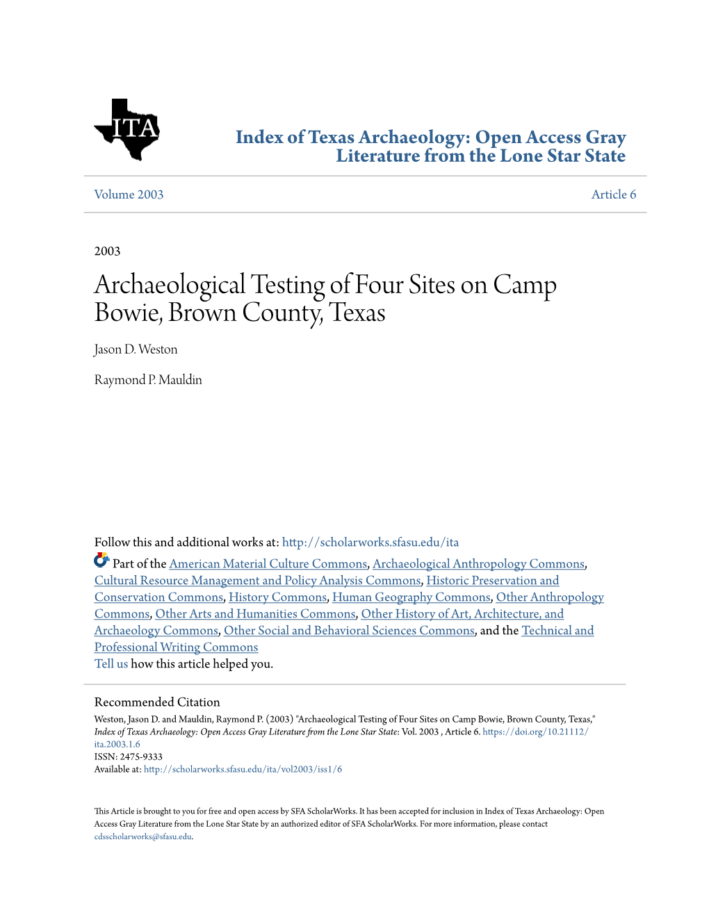 Archaeological Testing of Four Sites on Camp Bowie, Brown County, Texas Jason D