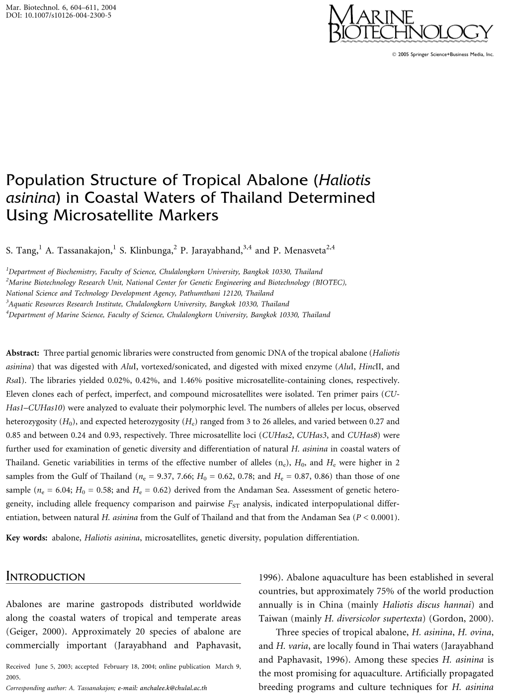 Haliotis Asinina) in Coastal Waters of Thailand Determined Using Microsatellite Markers