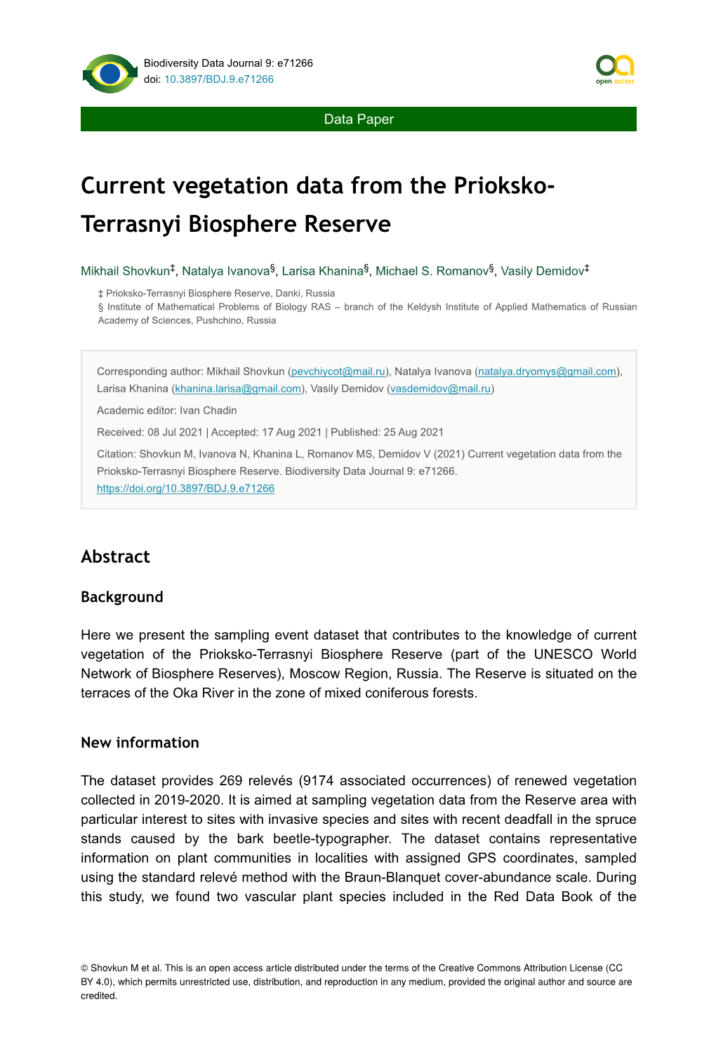 Current Vegetation Data from the Prioksko-Terrasnyi Biosphere Reserve