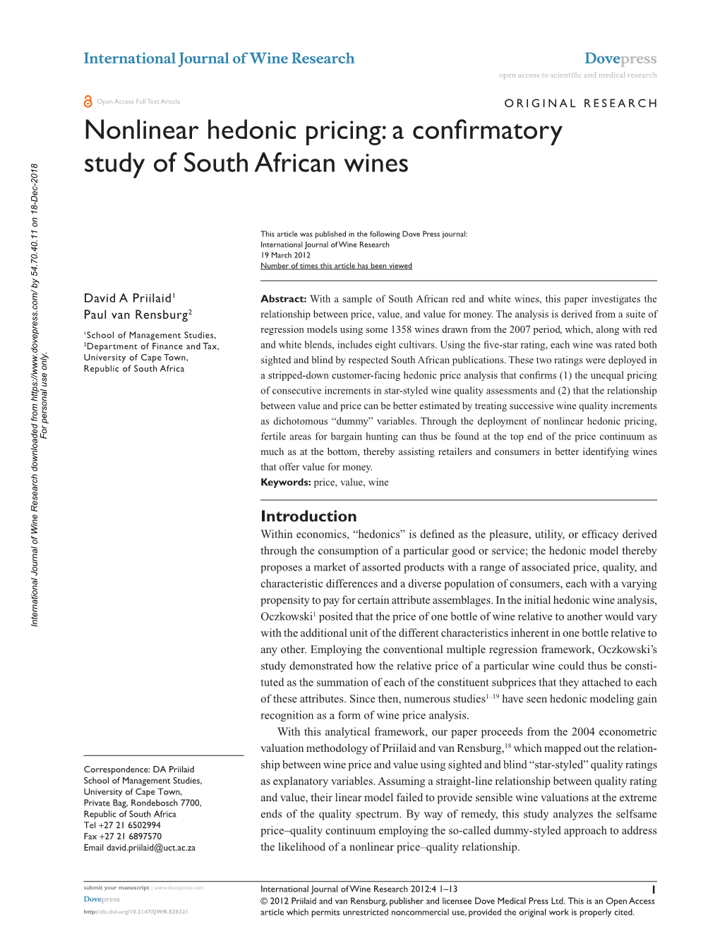 Nonlinear Hedonic Pricing: a Confirmatory Study of South African Wines