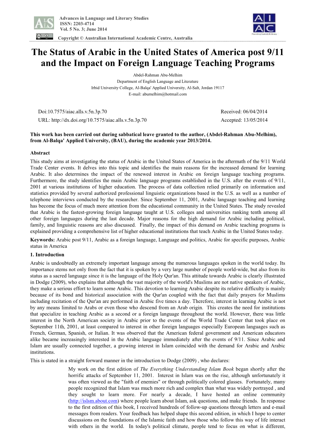 The Status of Arabic in the United States of America Post 9/11 and the Impact on Foreign Language Teaching Programs