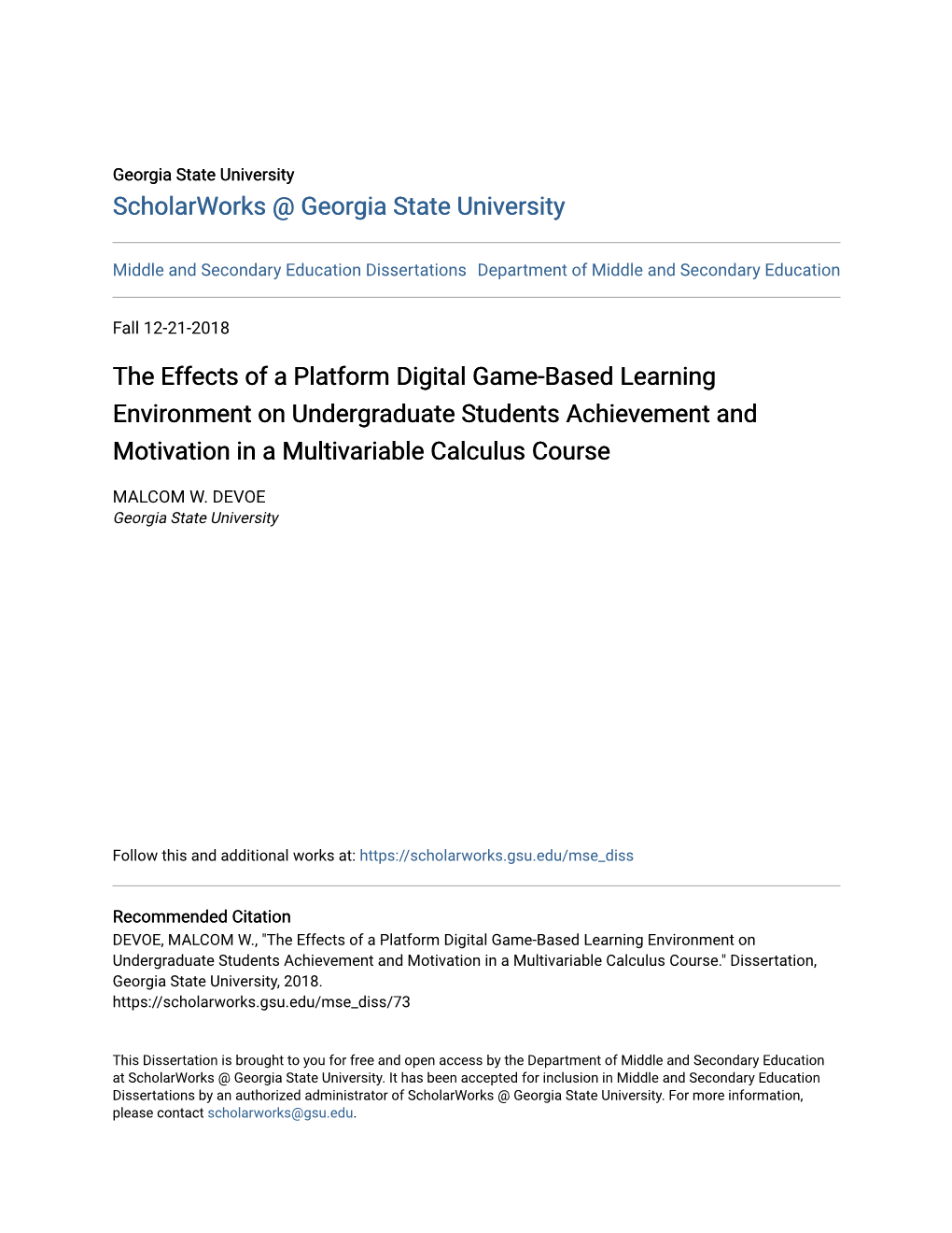 The Effects of a Platform Digital Game-Based Learning Environment on Undergraduate Students Achievement and Motivation in a Multivariable Calculus Course