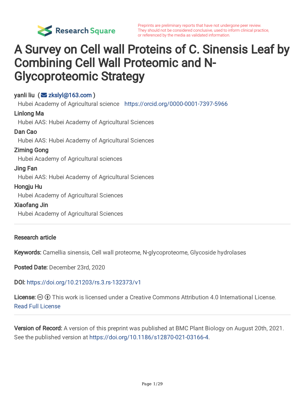 A Survey on Cell Wall Proteins of C. Sinensis Leaf