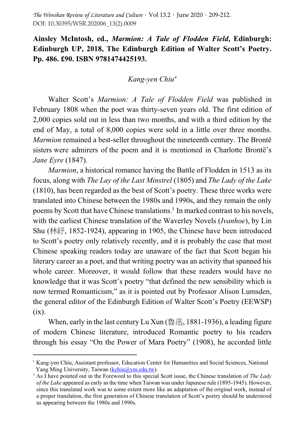 Ainsley Mcintosh, Ed., Marmion: a Tale of Flodden Field, Edinburgh: Edinburgh UP, 2018, the Edinburgh Edition of Walter Scott’S Poetry