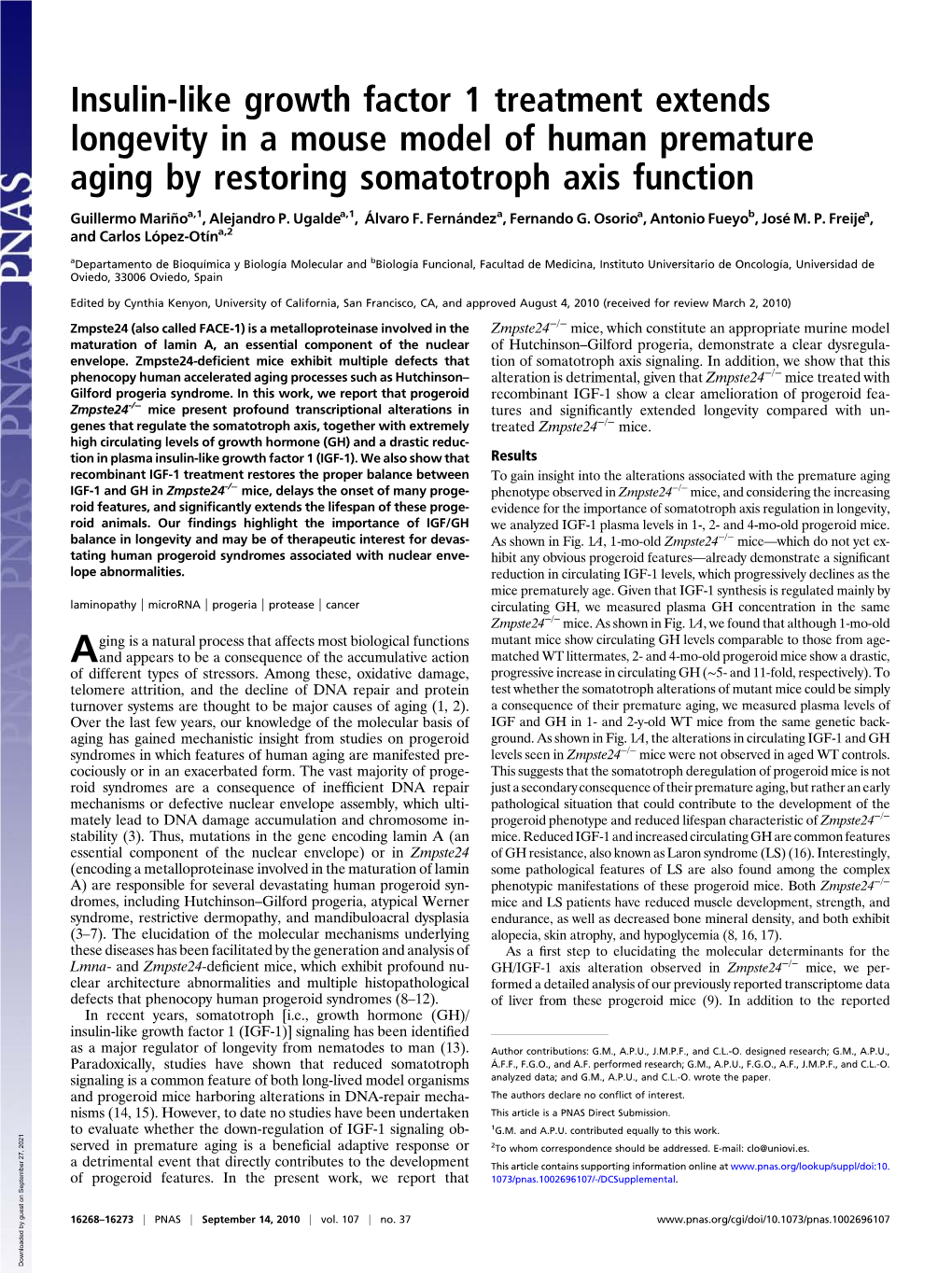 Insulin-Like Growth Factor 1 Treatment Extends Longevity in a Mouse Model of Human Premature Aging by Restoring Somatotroph Axis Function