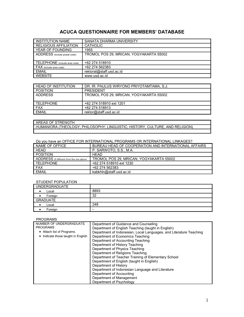 Acuca Questionnaire for Members Database