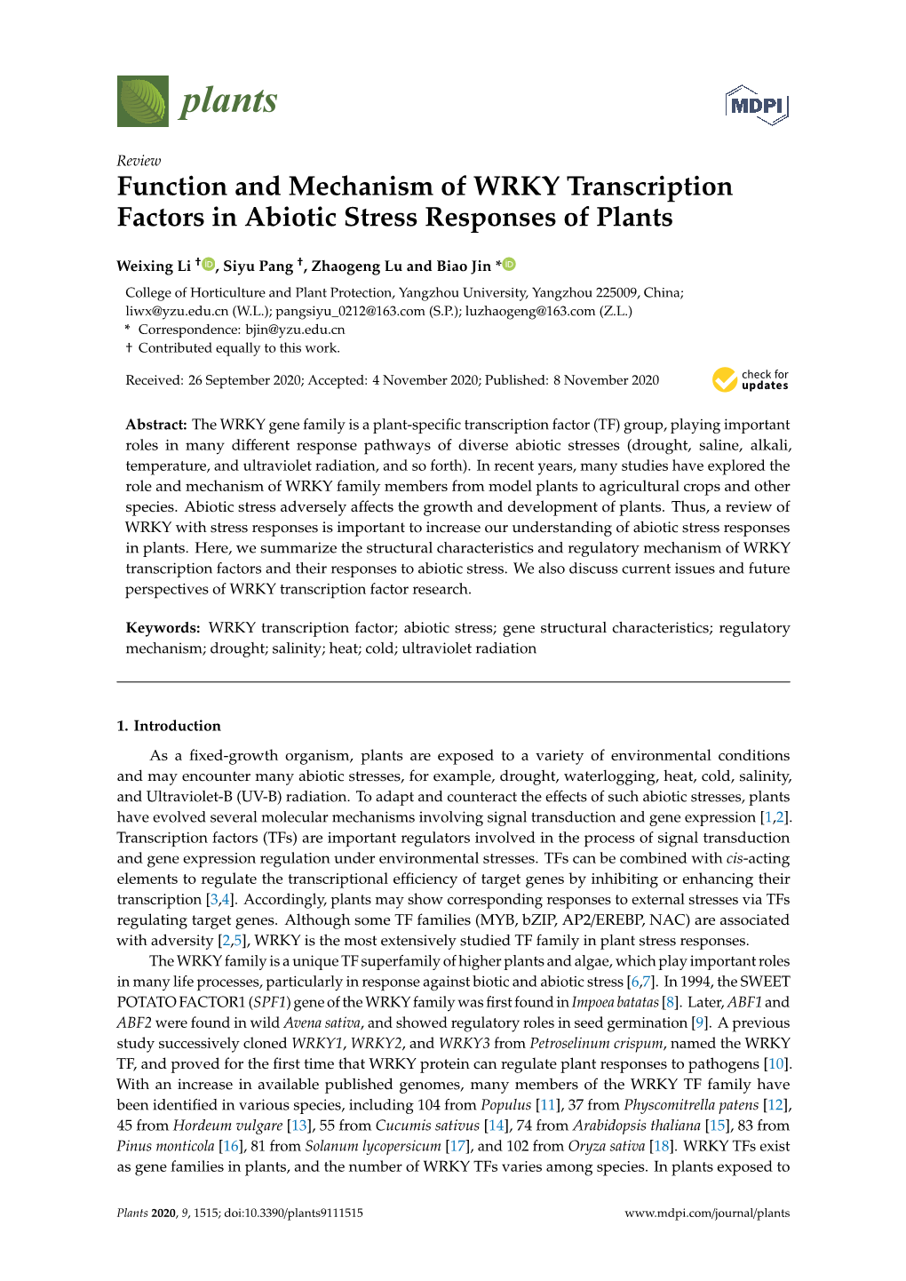 Function and Mechanism of WRKY Transcription Factors in Abiotic Stress Responses of Plants