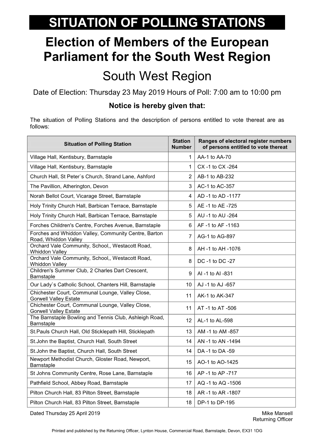 SITUATION of POLLING STATIONS Election of Members of The