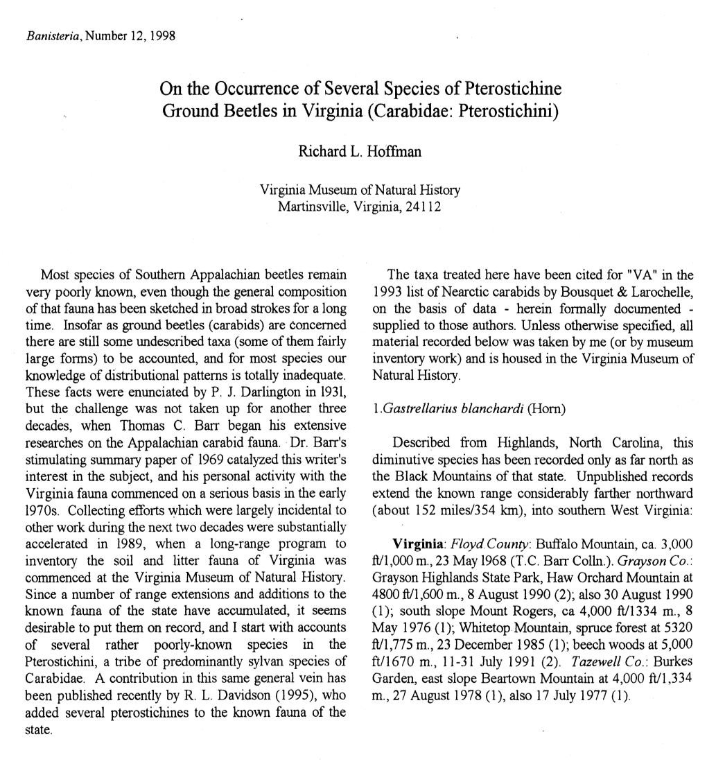 On the Occurrence of Several Species of Pterostichine Ground Beetles in Virginia (Carabidae: Pterostichini)