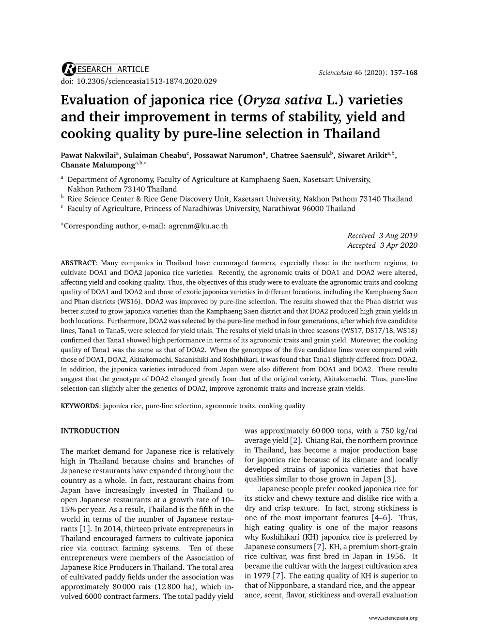 Evaluation of Japonica Rice (Oryza Sativa L.) Varieties and Their Improvement in Terms of Stability, Yield and Cooking Quality by Pure-Line Selection in Thailand