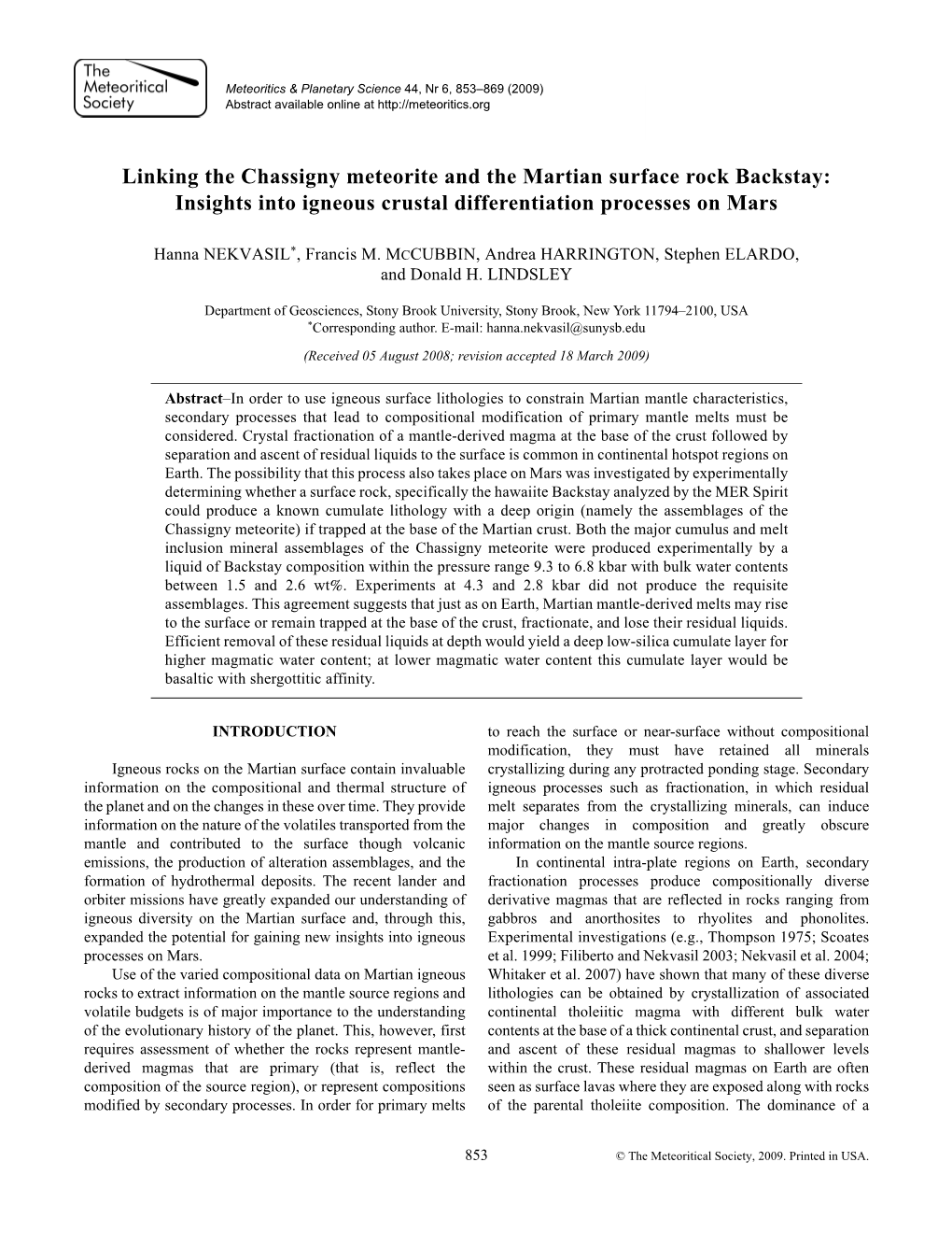 Linking the Chassigny Meteorite and the Martian Surface Rock Backstay: Insights Into Igneous Crustal Differentiation Processes on Mars