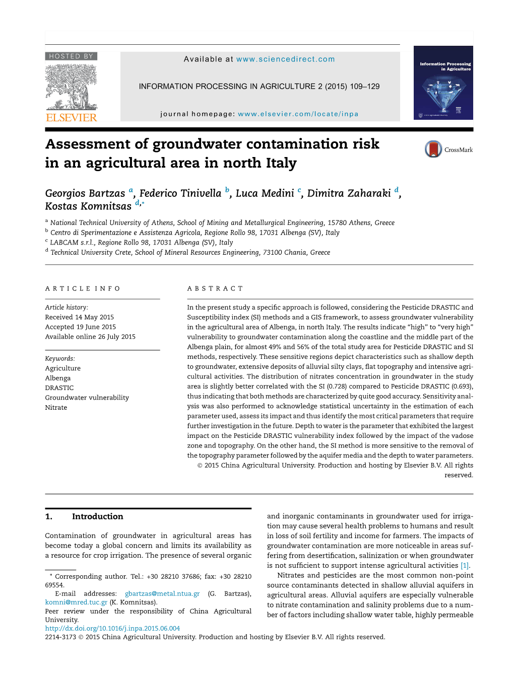 Assessment of Groundwater Contamination Risk in an Agricultural Area in North Italy