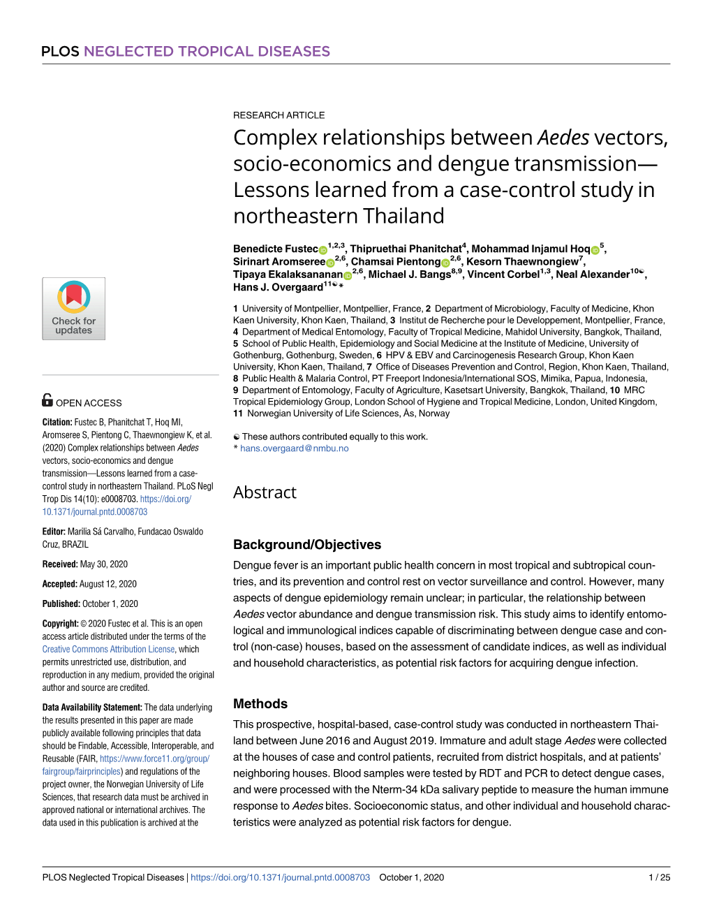 Complex Relationships Between Aedes Vectors, Socio-Economics and Dengue Transmission— Lessons Learned from a Case-Control Study in Northeastern Thailand