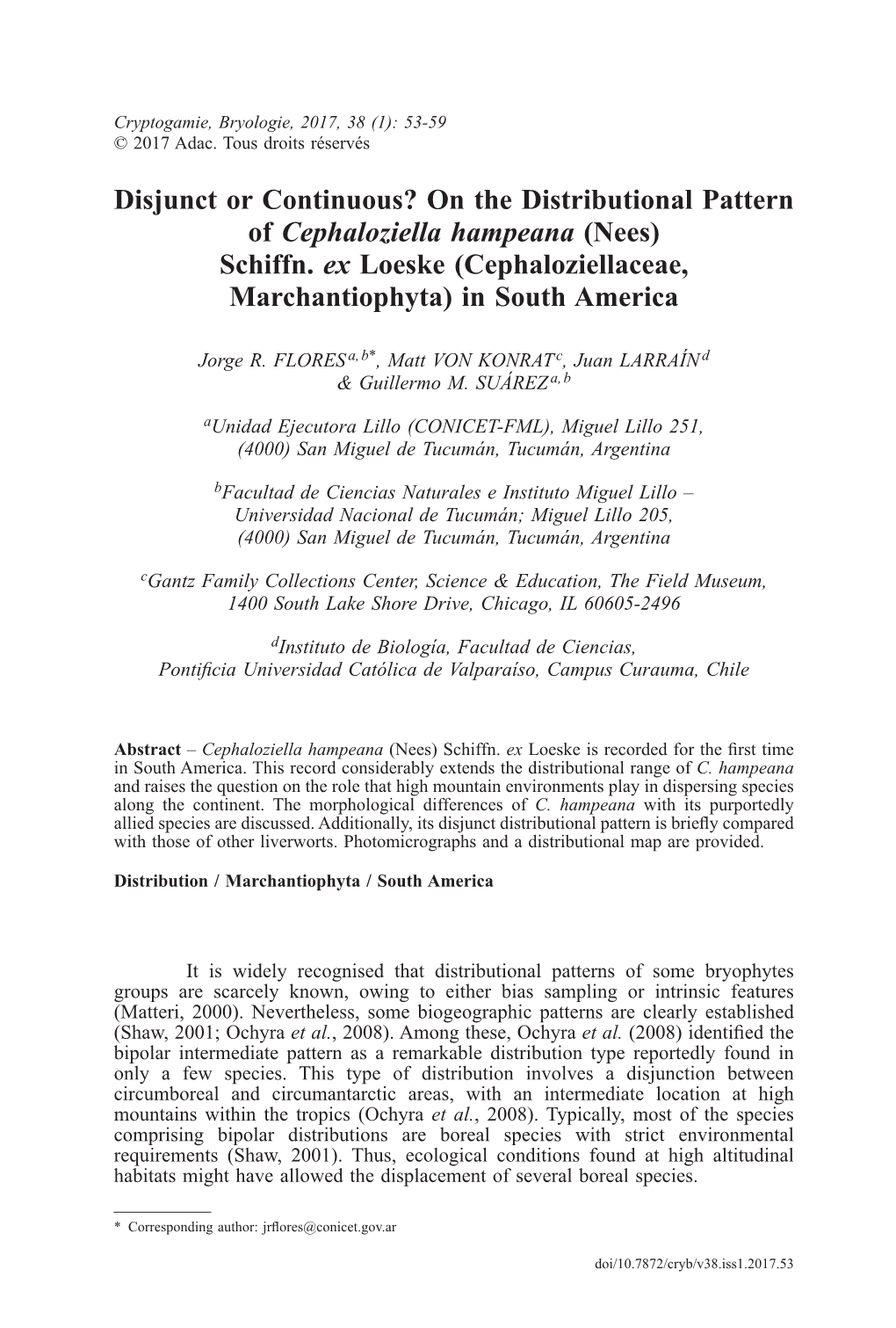 On the Distributional Pattern of Cephaloziella Hampeana (Nees) Schiffn