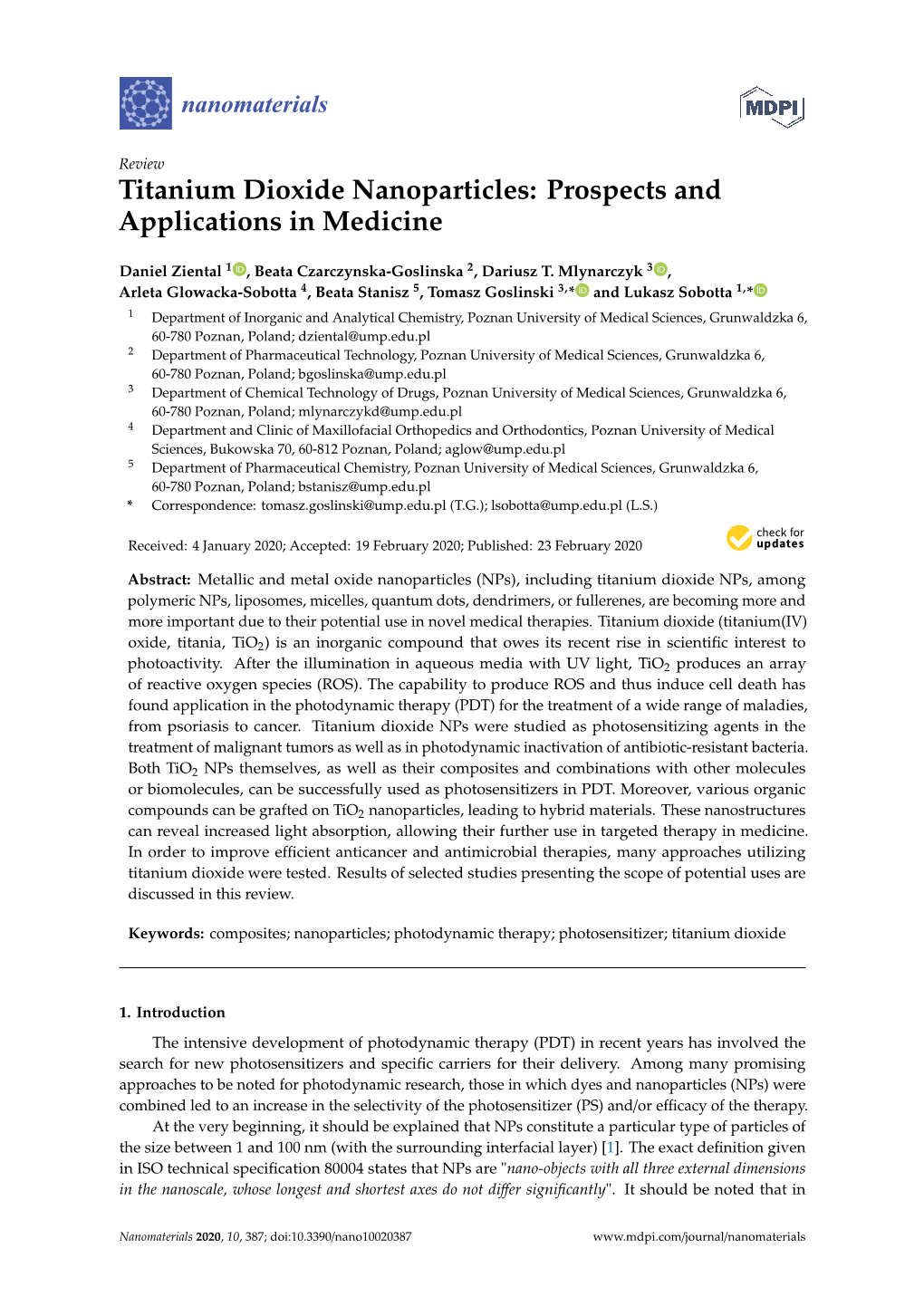 Titanium Dioxide Nanoparticles: Prospects and Applications in Medicine