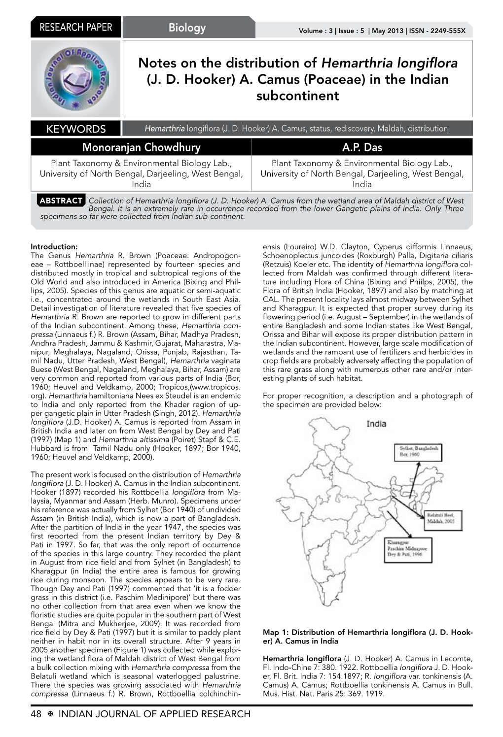 Notes on the Distribution of Hemarthria Longiflora (JD Hooker)