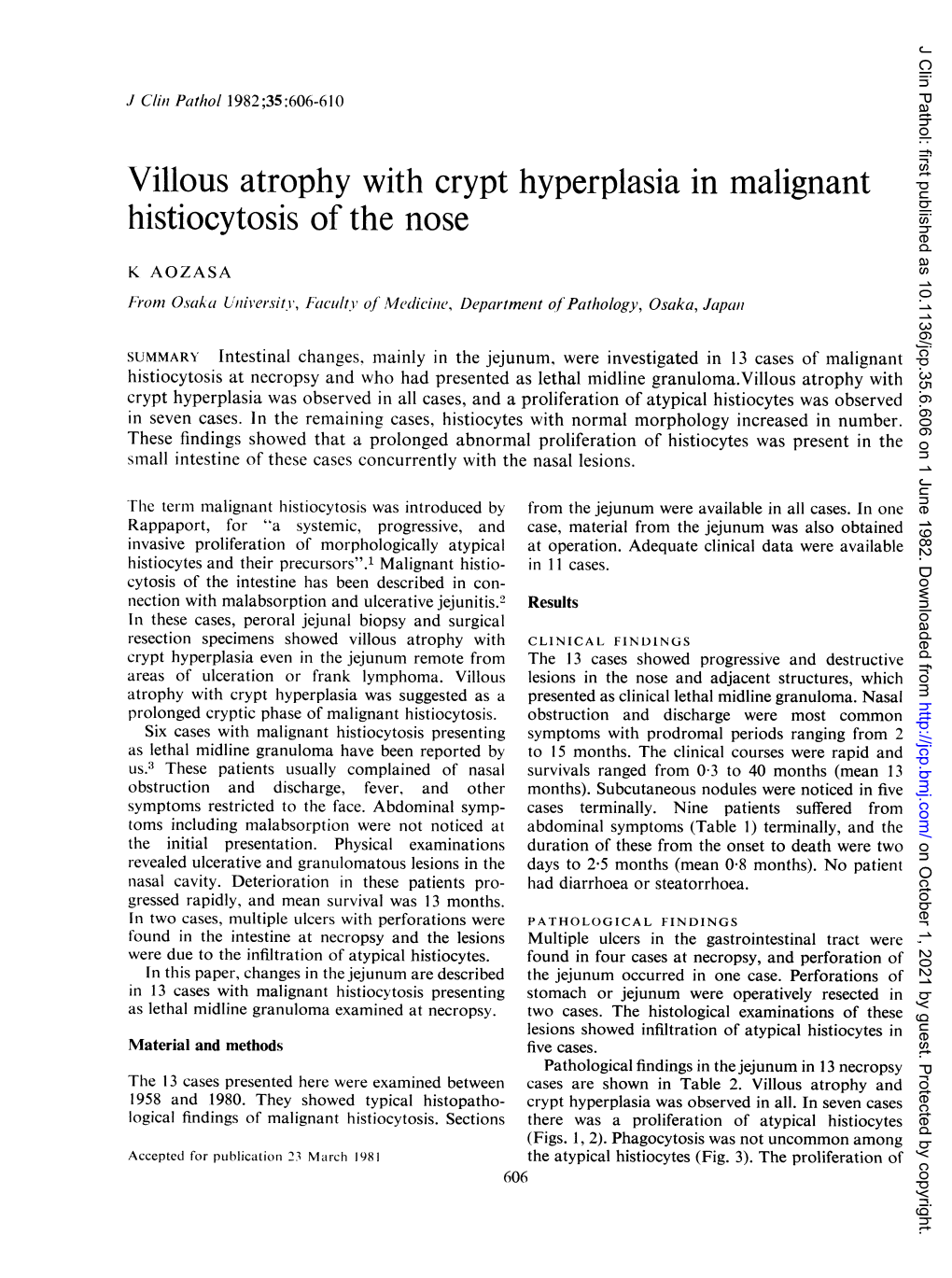 Villous Atrophy with Crypt Hyperplasia in Malignant Histiocytosis of the Nose