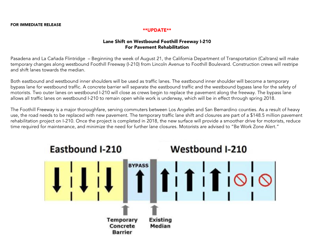 **UPDATE** Lane Shift on Westbound Foothill Freeway I-210 for Pavement Rehabilitation Pasadena and La Cañada Flintridge – Be