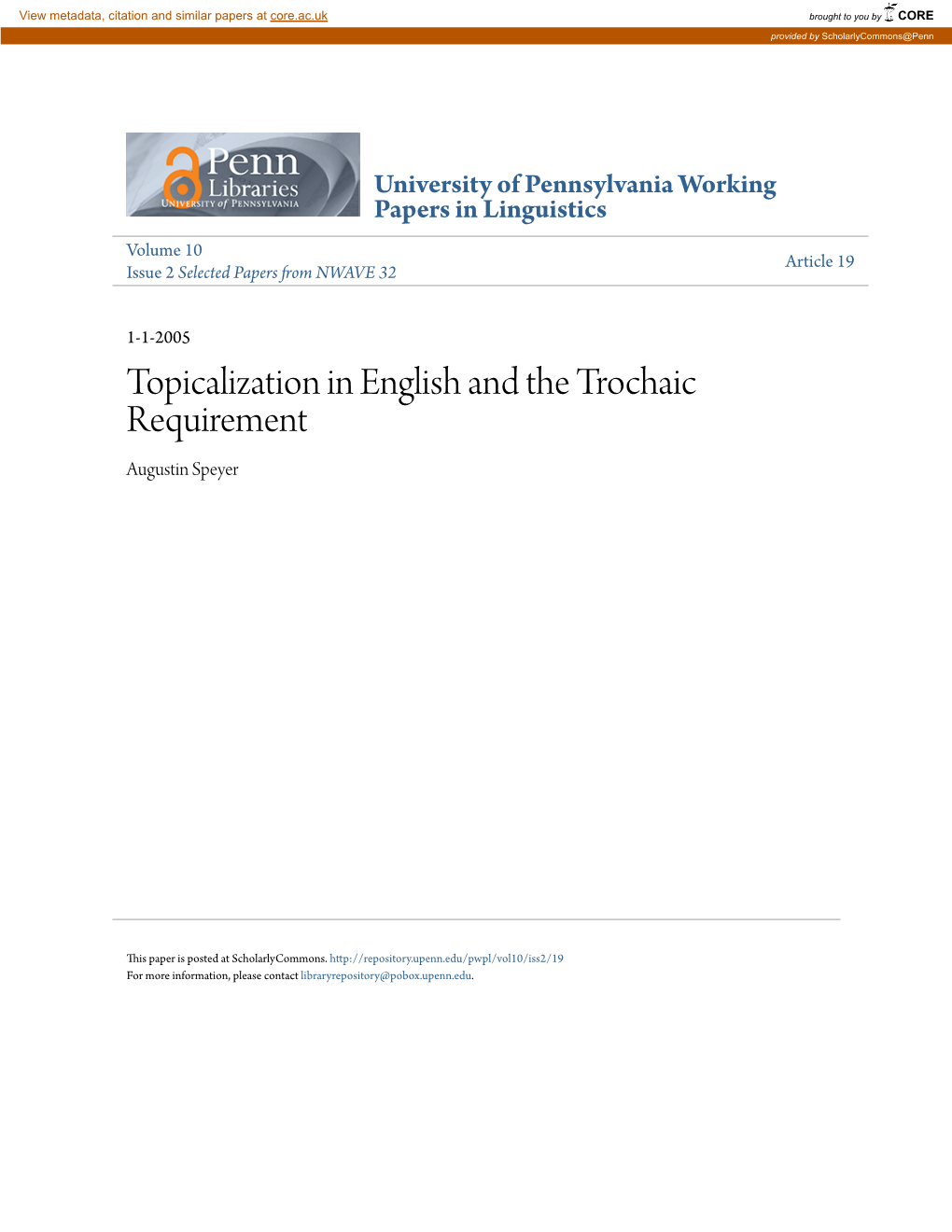 Topicalization in English and the Trochaic Requirement Augustin Speyer