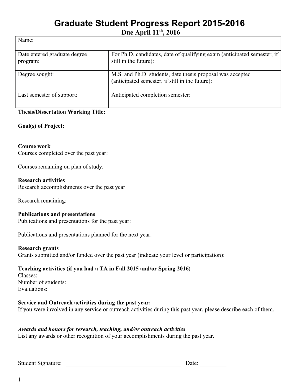 Graduate Student Progress Report 2015-2016