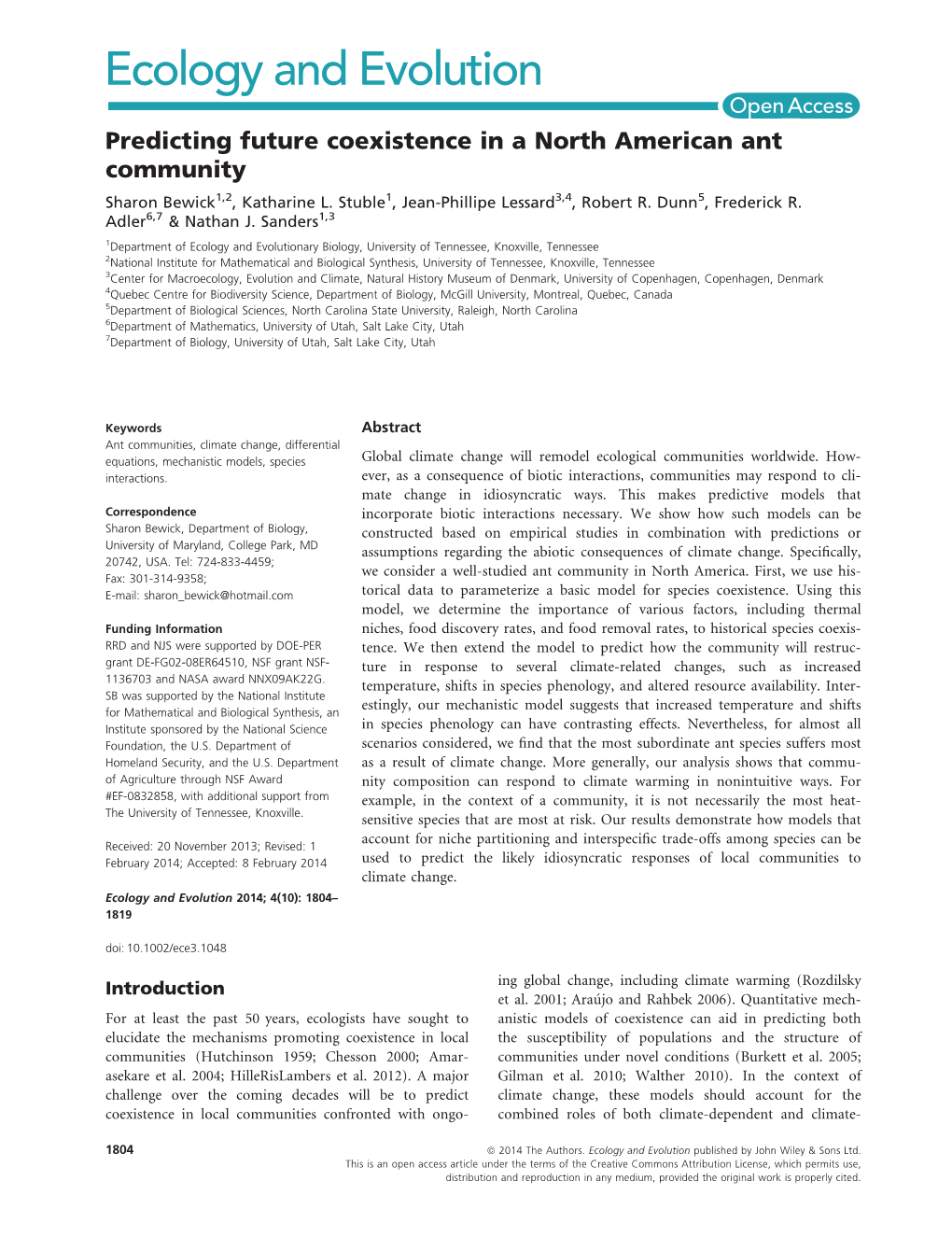 Predicting Future Coexistence in a North American Ant Community Sharon Bewick1,2, Katharine L