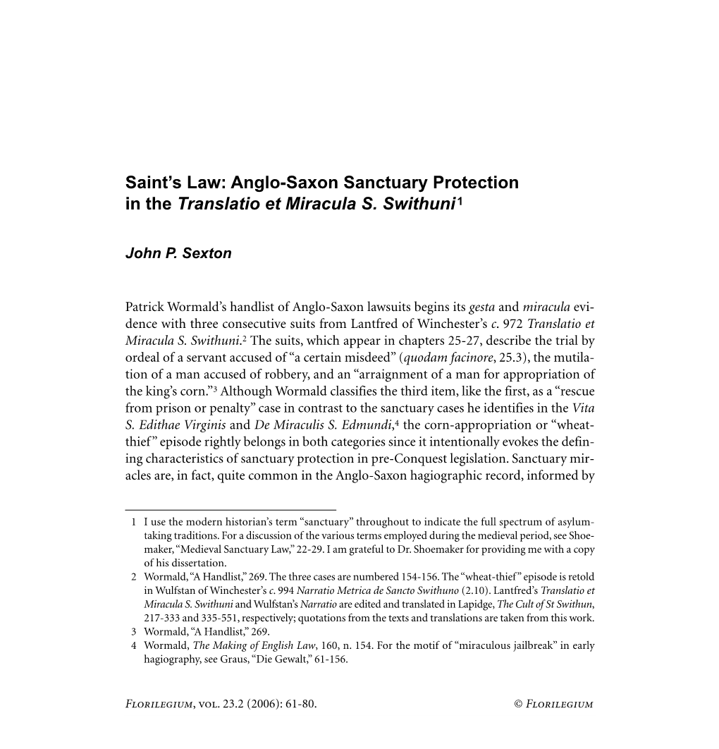 Saint's Law: Anglo-Saxon Sanctuary Protection in the Translatio Et Miracula S. Swithuni1