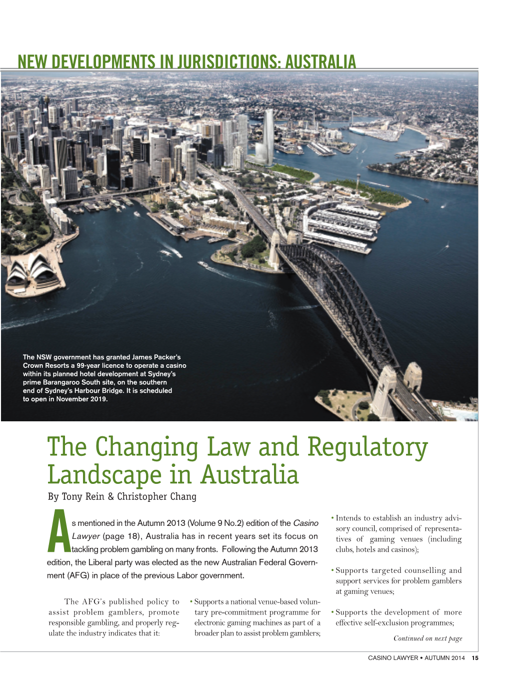 The Changing Law and Regulatory Landscape in Australia by Tony Rein & Christopher Chang