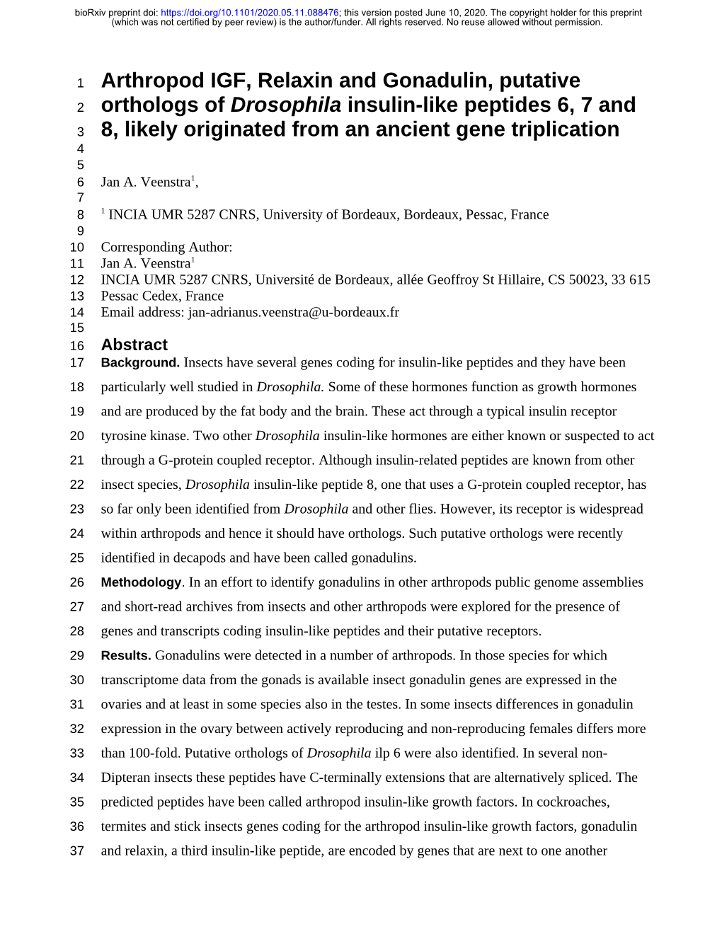 Arthropod IGF, Relaxin and Gonadulin, Putative Orthologs of Drosophila