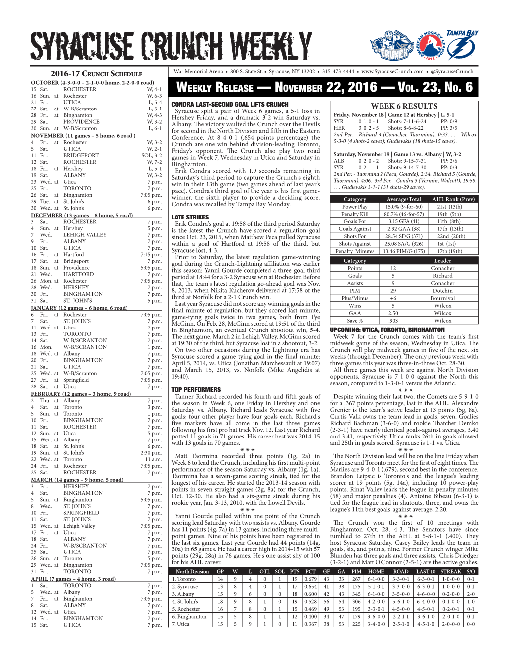 Syracuse Crunch Weekly 2016-17 Crunch Schedule War Memorial Arena • 800 S