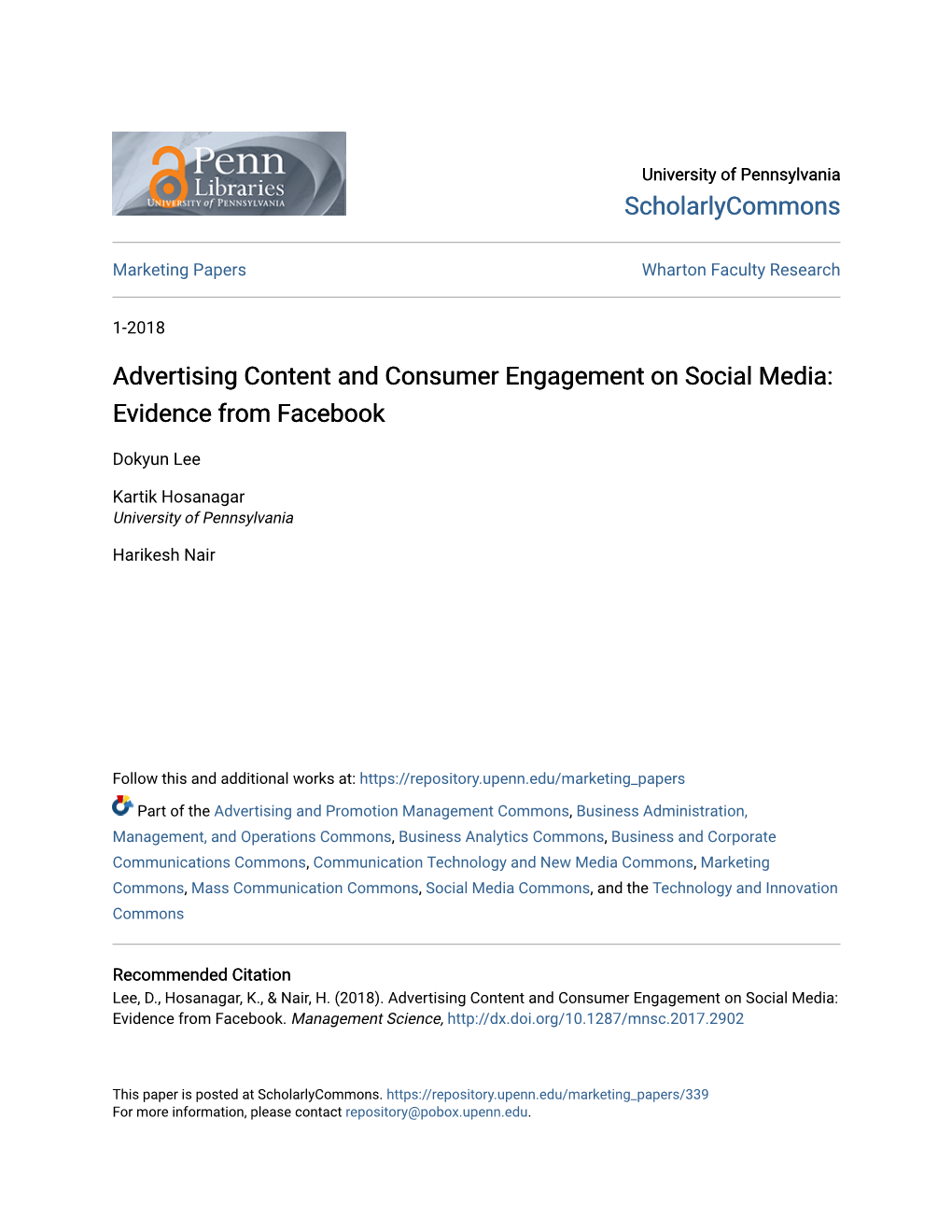 Advertising Content and Consumer Engagement on Social Media: Evidence from Facebook