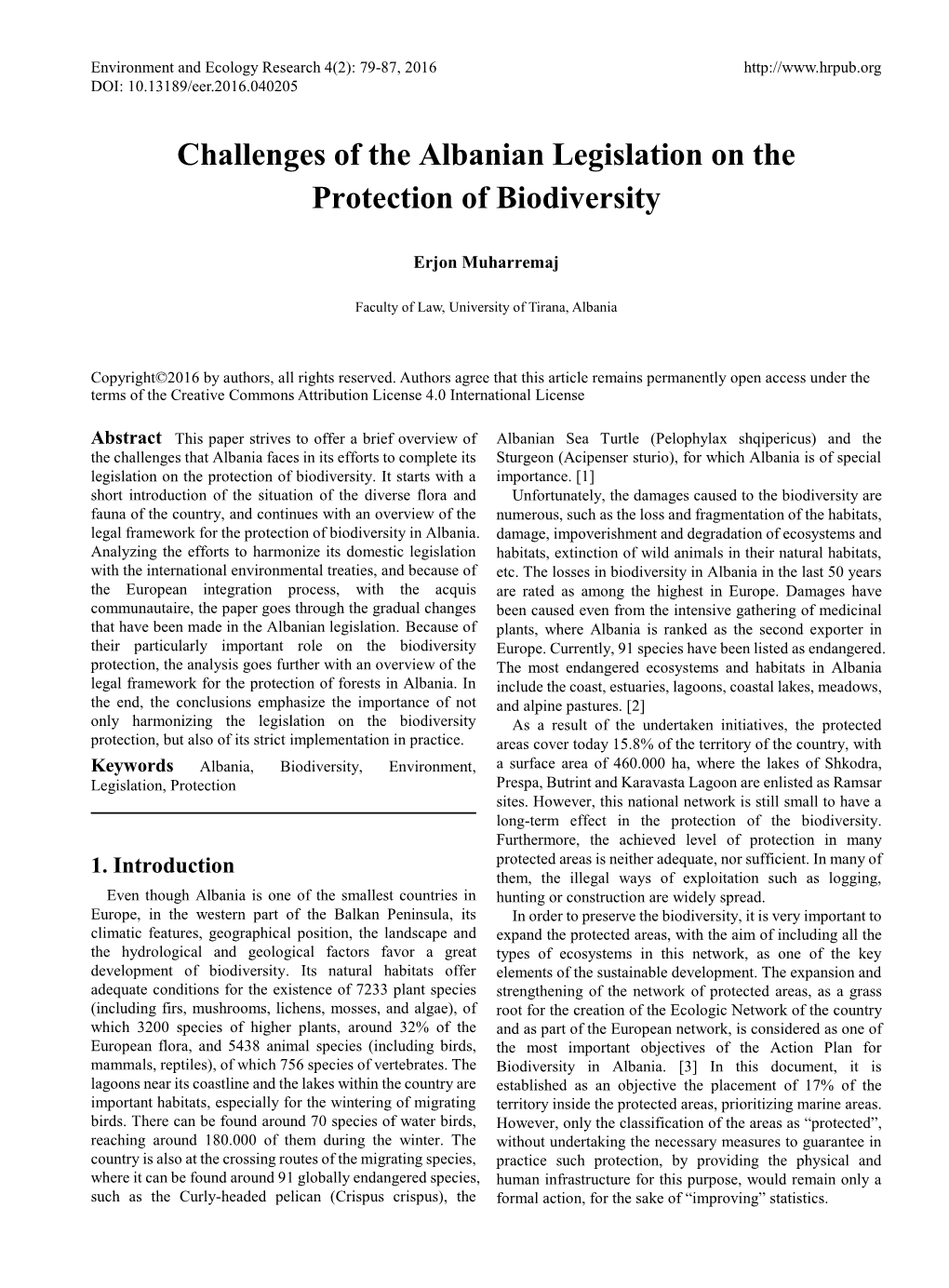 Challenges of the Albanian Legislation on the Protection of Biodiversity