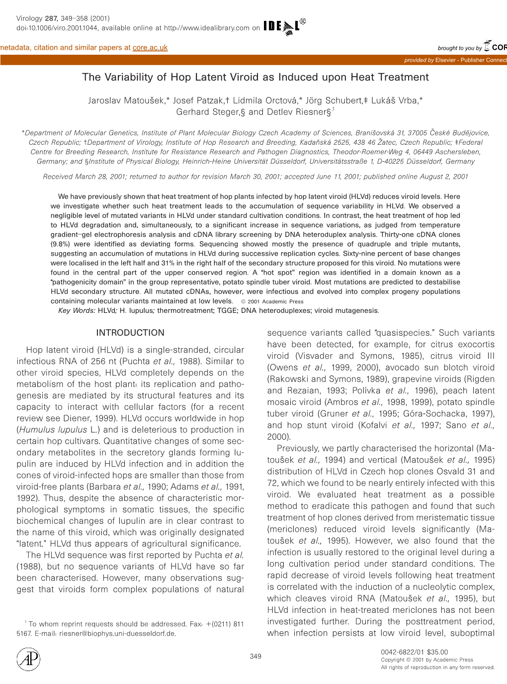 The Variability of Hop Latent Viroid As Induced Upon Heat Treatment