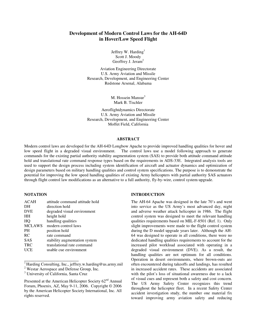 Development of Modern Control Laws for the AH-64D in Hover/Low Speed Flight