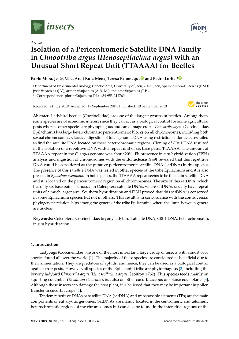 Isolation of a Pericentromeric Satellite DNA Family in Chnootriba Argus (Henosepilachna Argus) with an Unusual Short Repeat Unit (TTAAAA) for Beetles