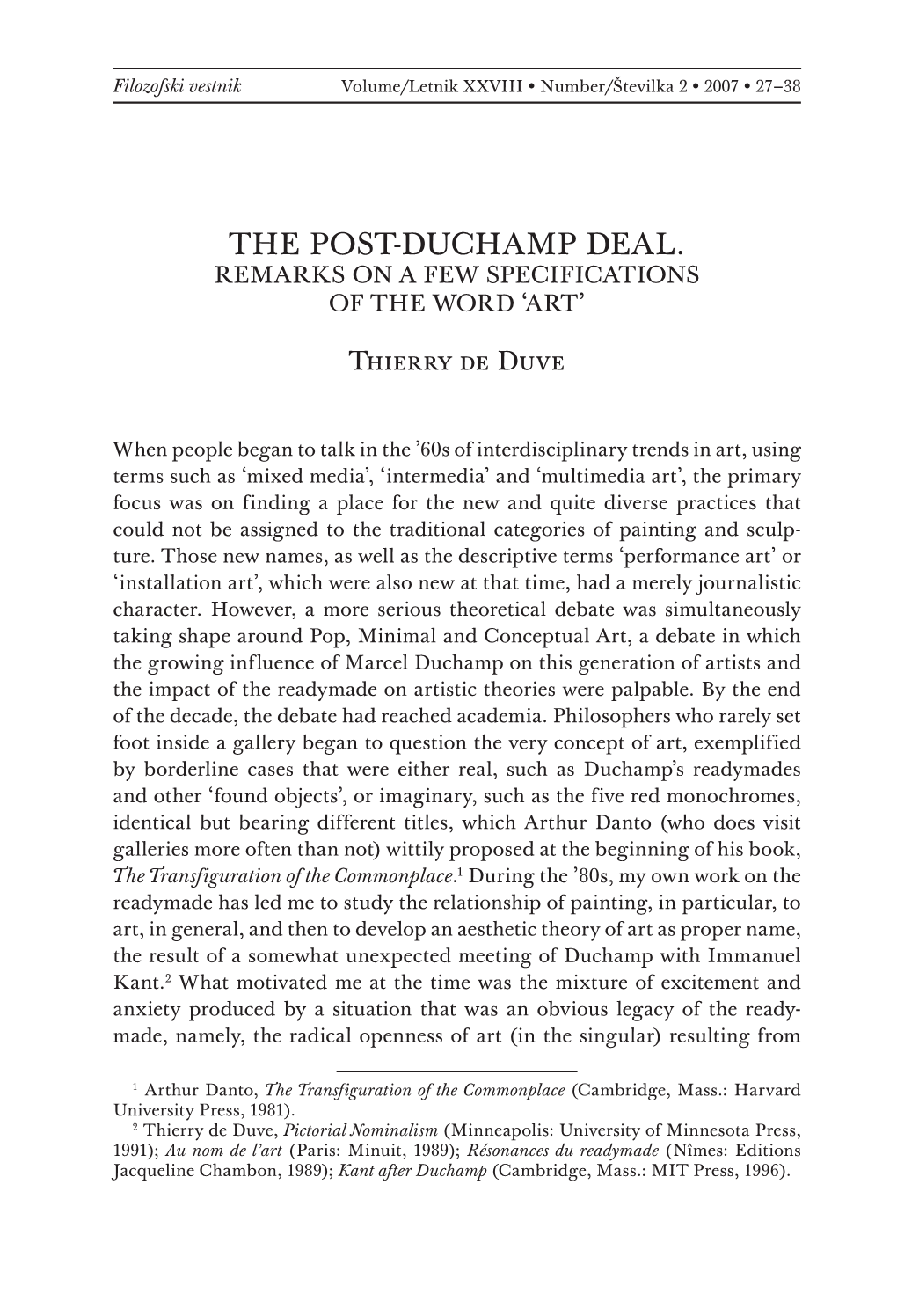 The Post-Duchamp Deal. Remarks on a Few Specifications of the Word ‘Art’