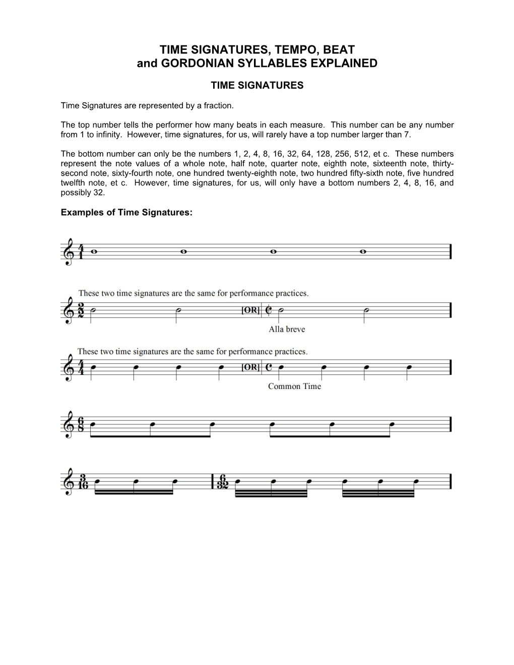 TIME SIGNATURES, TEMPO, BEAT and GORDONIAN SYLLABLES EXPLAINED