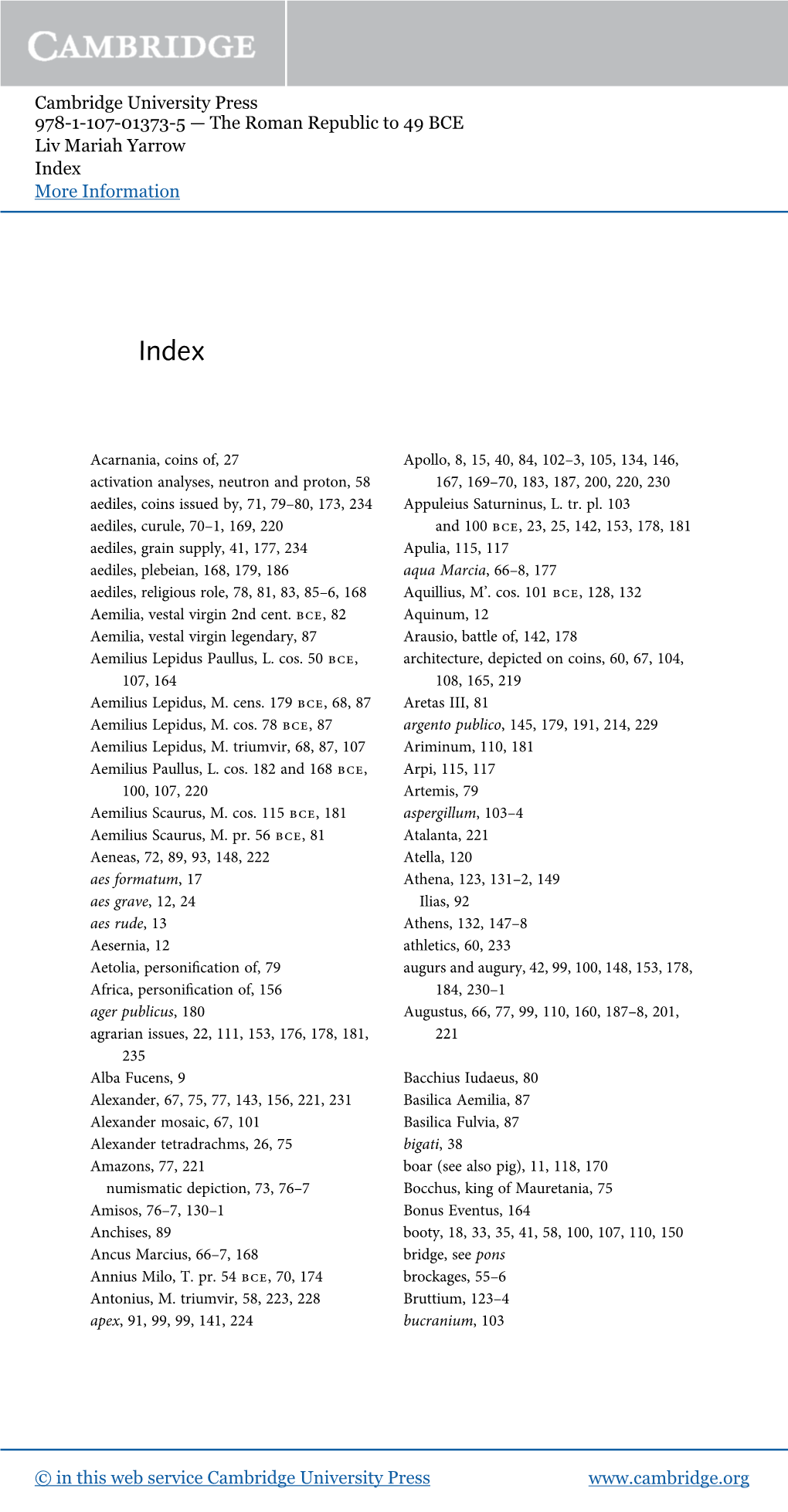 Cambridge University Press 978-1-107-01373-5 — the Roman Republic to 49 BCE Liv Mariah Yarrow Index More Information