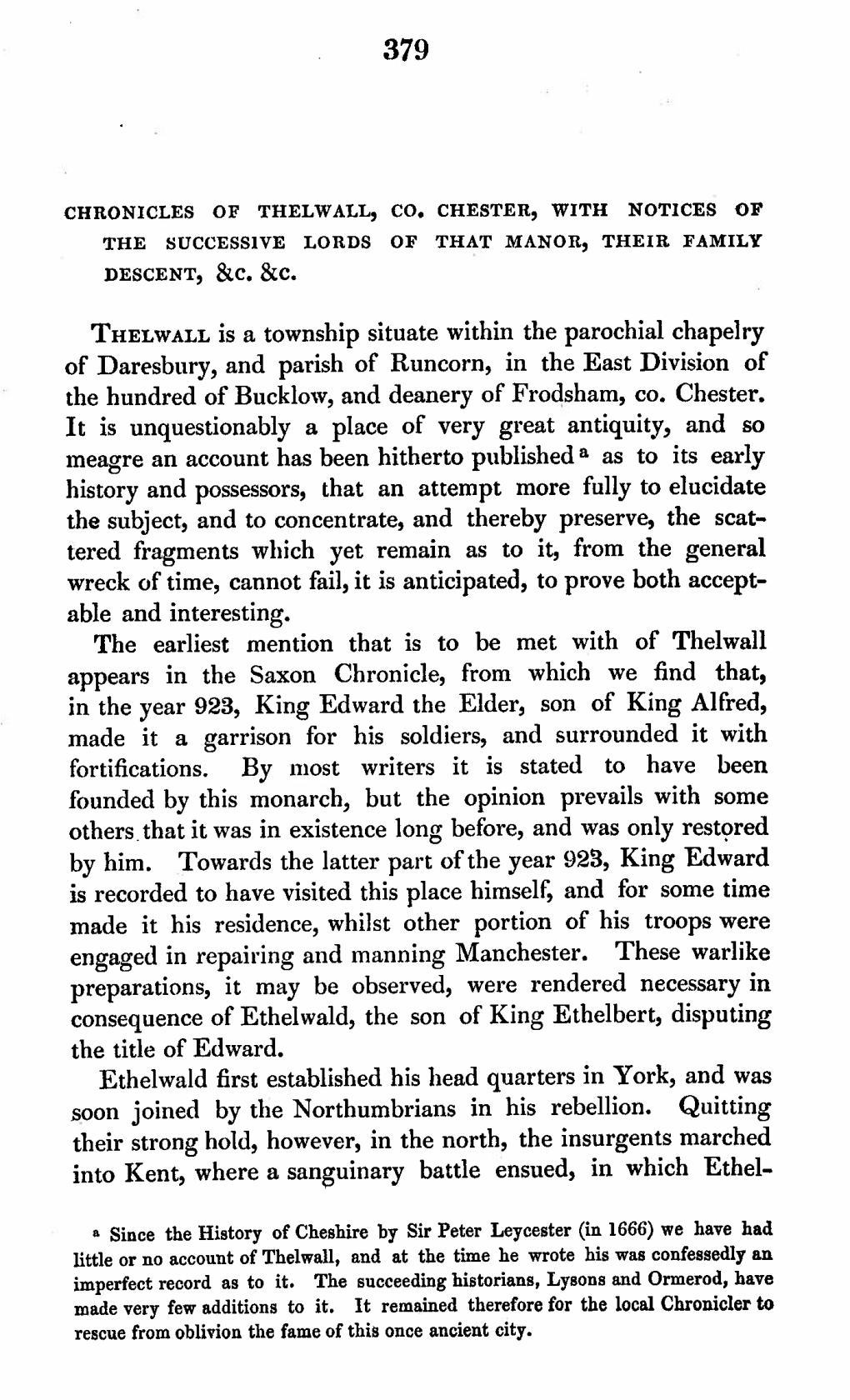 CHRONICLES of THELWALL, CO. CHESTER, with NOTICES of the SUCCESSIVE LORDS of THAT MANOR, THEIR FAMILY DESCENT, &C