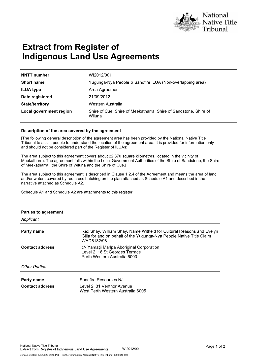 Extract from Register of Indigenous Land Use Agreements