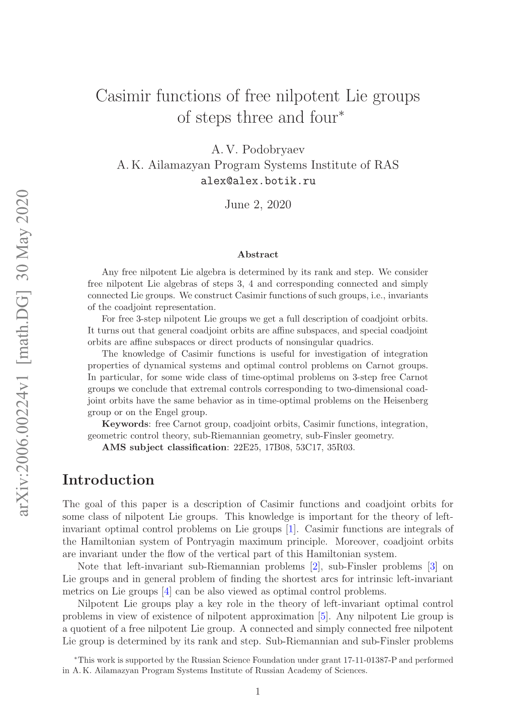 Casimir Functions of Free Nilpotent Lie Groups of Steps Three and Four