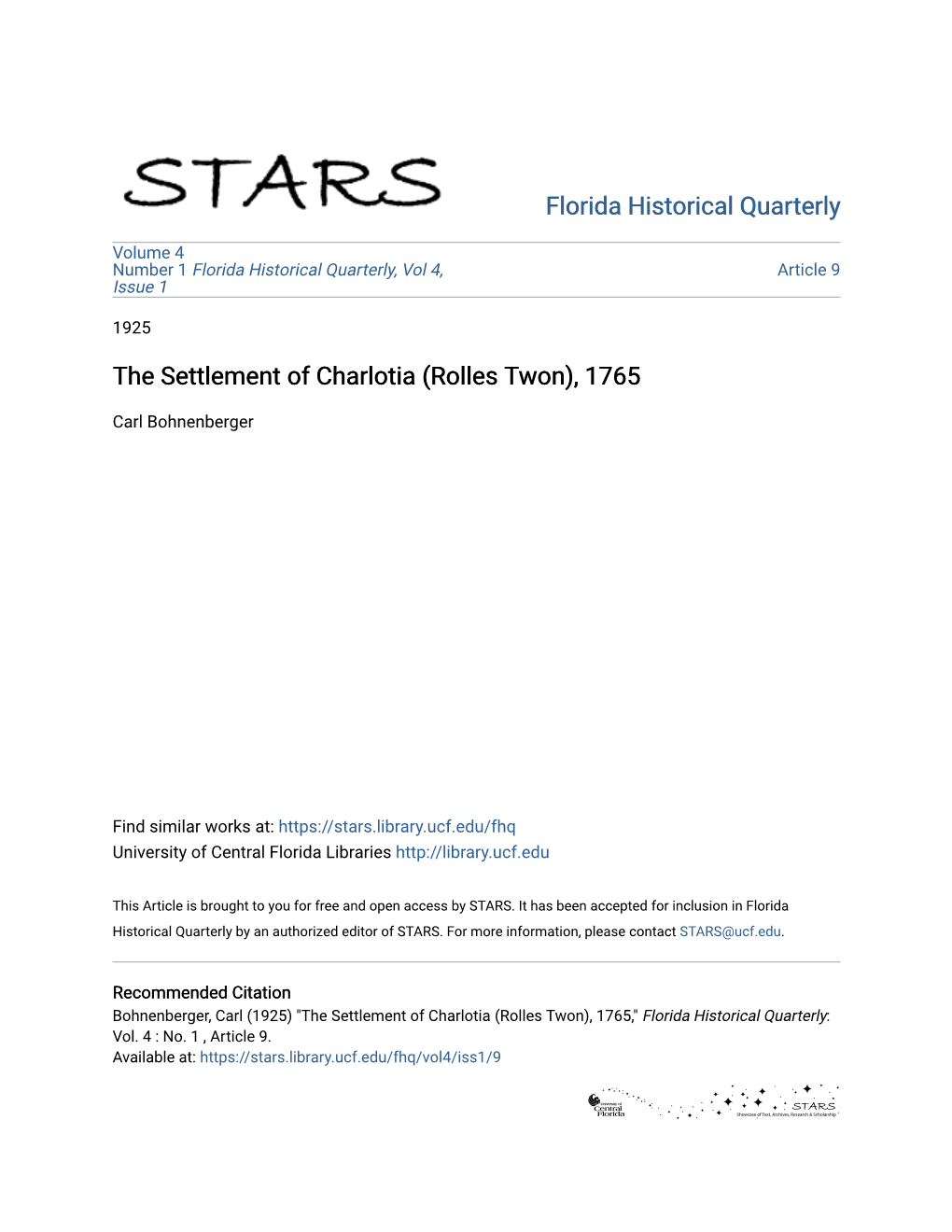 The Settlement of Charlotia (Rolles Twon), 1765