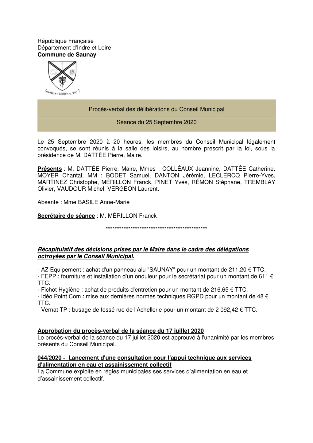 République Française Département D'indre Et Loire Commune De Saunay