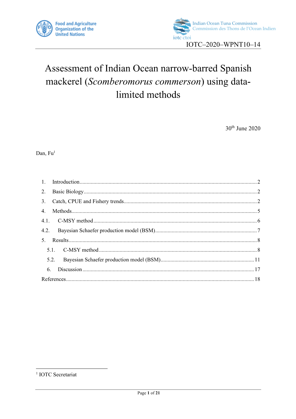 Assessment of Indian Ocean Narrow-Barred Spanish Mackerel (Scomberomorus Commerson) Using Data- Limited Methods