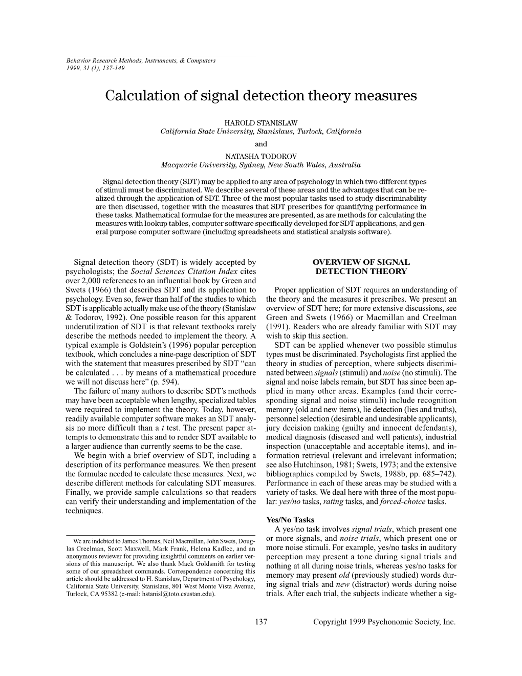 Calculation of Signal Detection Theory Measures