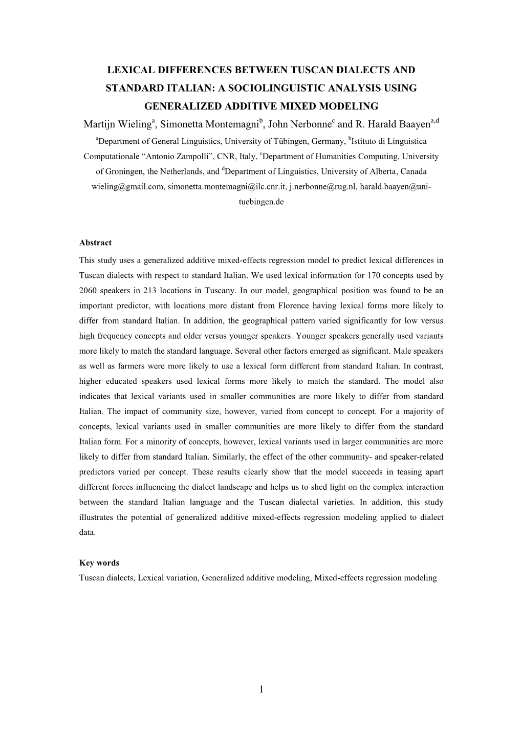 1 Lexical Differences Between Tuscan Dialects and Standard Italian: a Sociolinguistic Analysis Using Generalized Additive Mixed