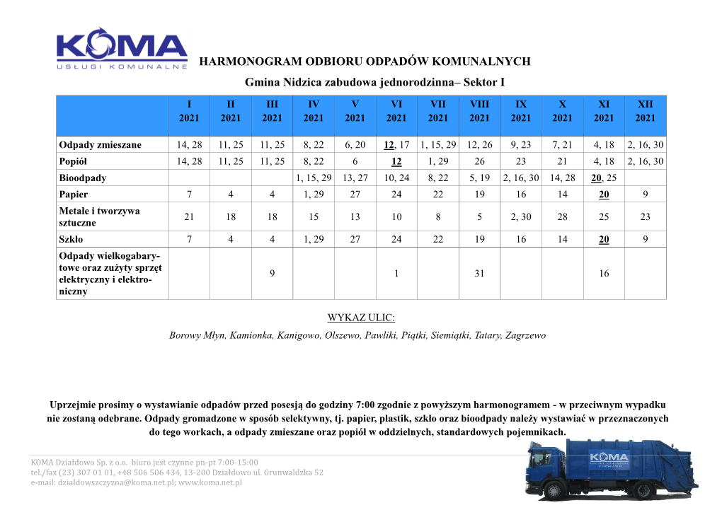 HARMONOGRAM ODBIORU ODPADÓW KOMUNALNYCH Gmina Nidzica Zabudowa Jednorodzinna– Sektor I