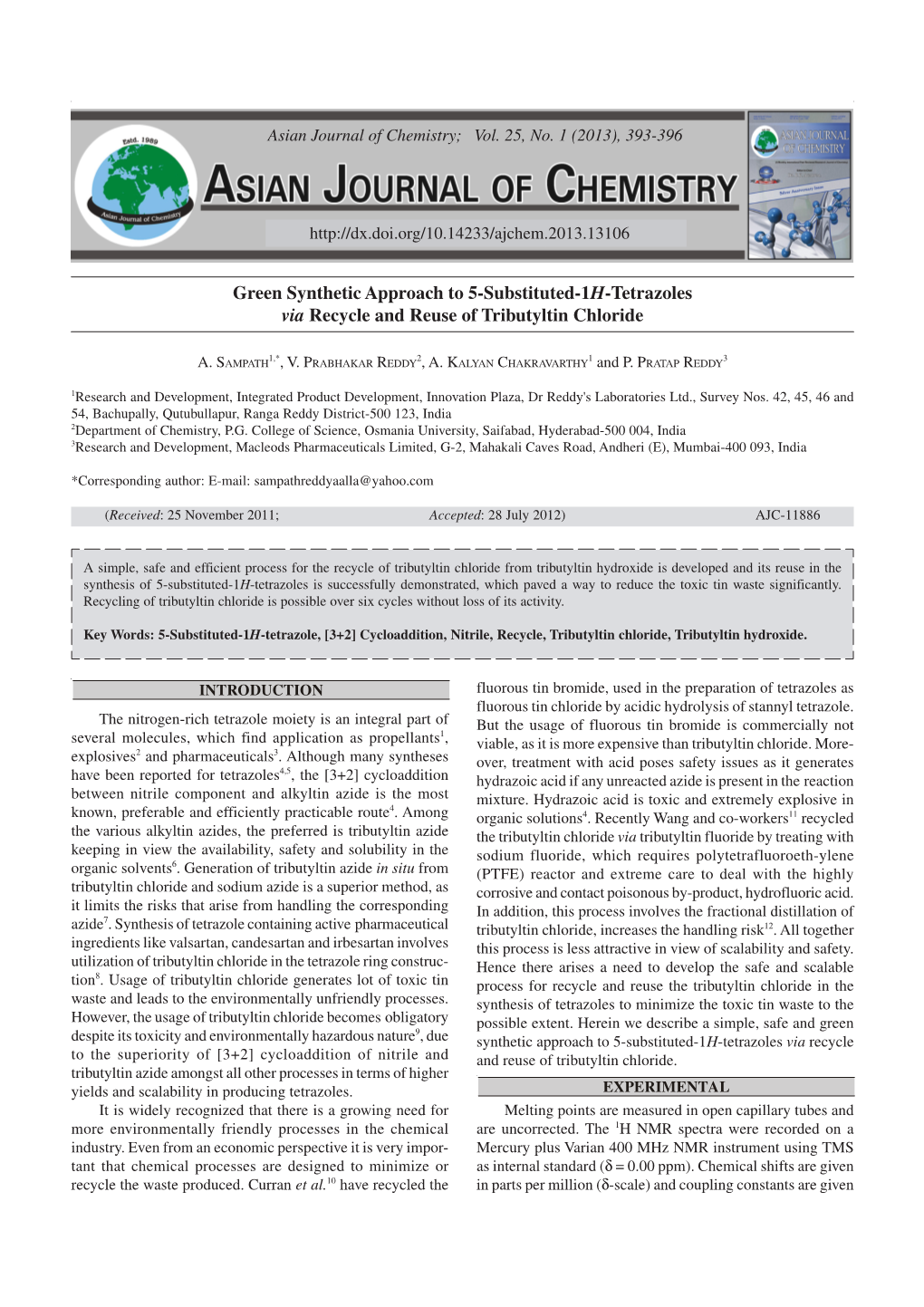 Green Synthetic Approach to 5-Substituted-1H-Tetrazoles Via Recycle and Reuse of Tributyltin Chloride